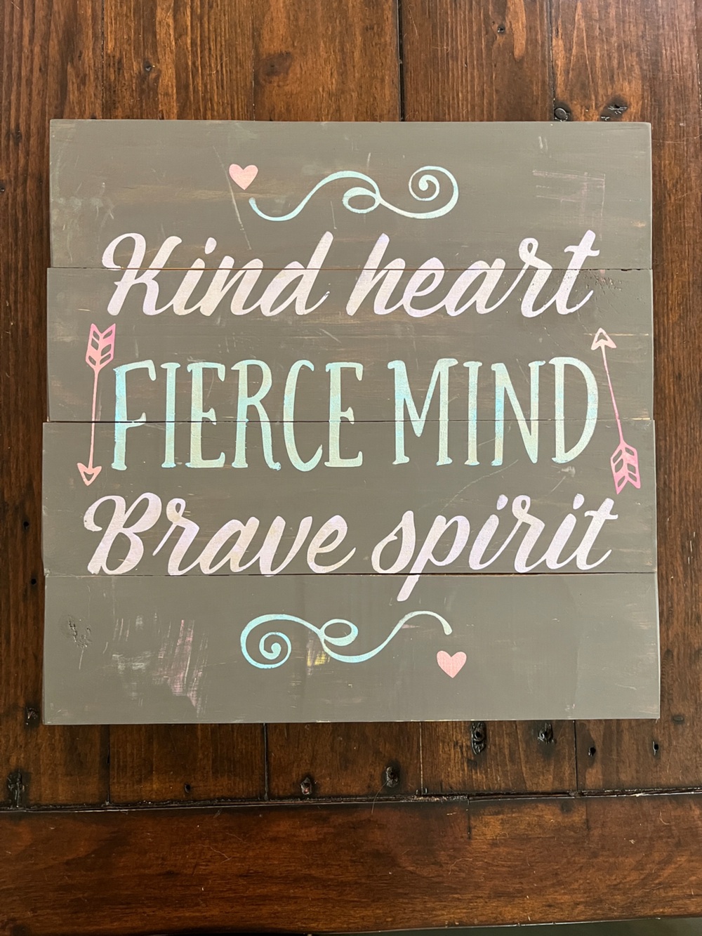 New Handmade By Me Kind Heart Fierce Mind Brave Spirit Wood Sign 14x14” Lavender